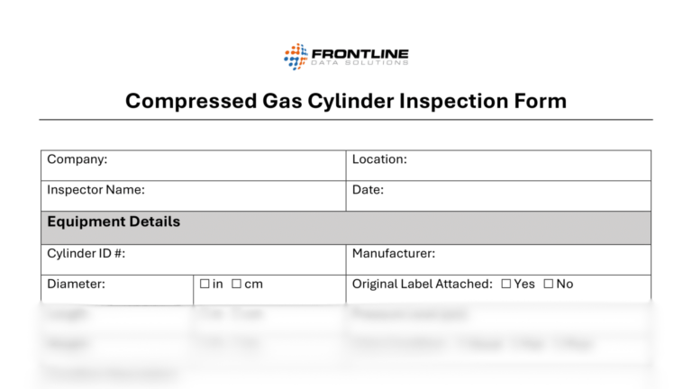 Compressed gas cylinder inspection form from Frontline Data Solutions collecting company and inspector details, cylinder specifications, and safety label verification.