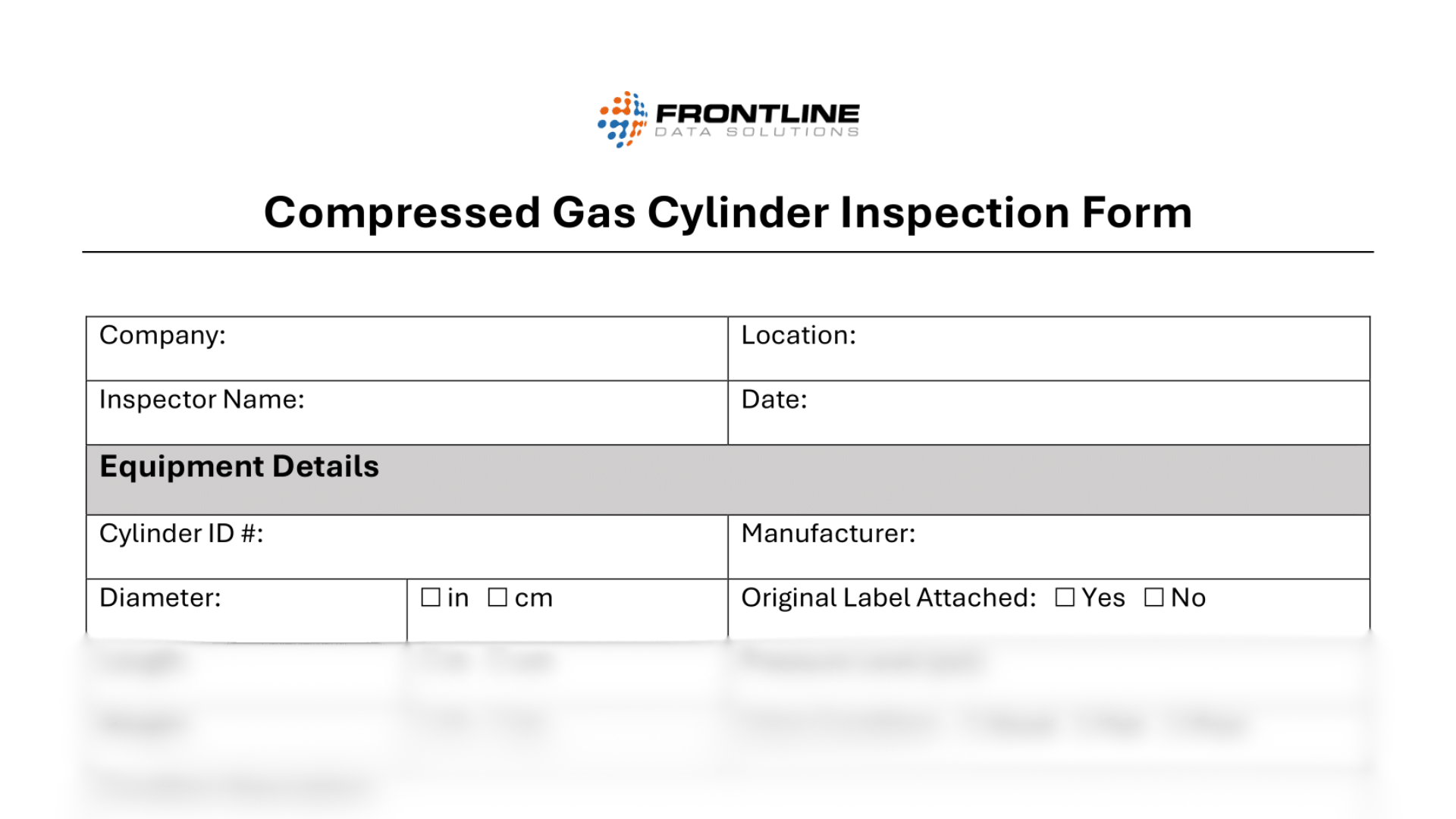 Compressed gas cylinder inspection form from Frontline Data Solutions collecting company and inspector details, cylinder specifications, and safety label verification.