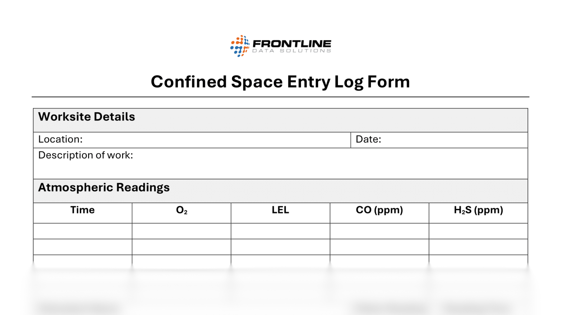 Confined space entry log form from Frontline Data Solutions featuring worksite details and a table to record atmospheric gas readings such as oxygen, LEL, CO, and H₂S levels.