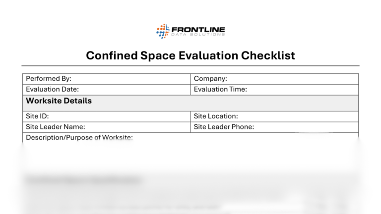 Confined space evaluation checklist from Frontline Data Solutions collecting site and evaluator details, including purpose of worksite and leadership contact information.