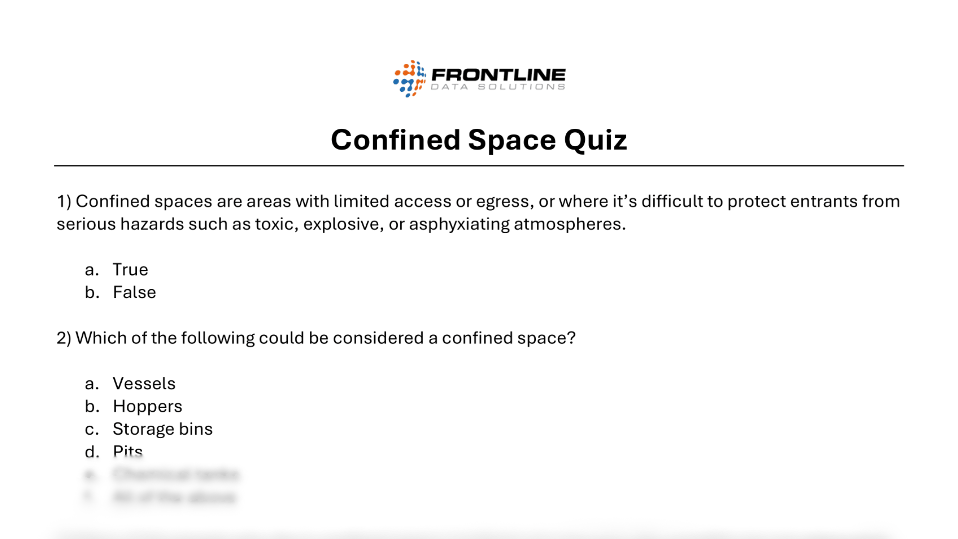Confined space quiz template from Frontline Data Solutions featuring multiple-choice and true/false questions about the definition of confined spaces and examples of confined space types.