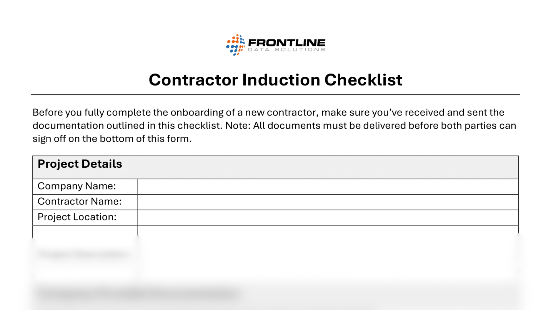 Contractor induction checklist from Frontline Data Solutions used for onboarding new contractors, listing required project details and documentation requirements.