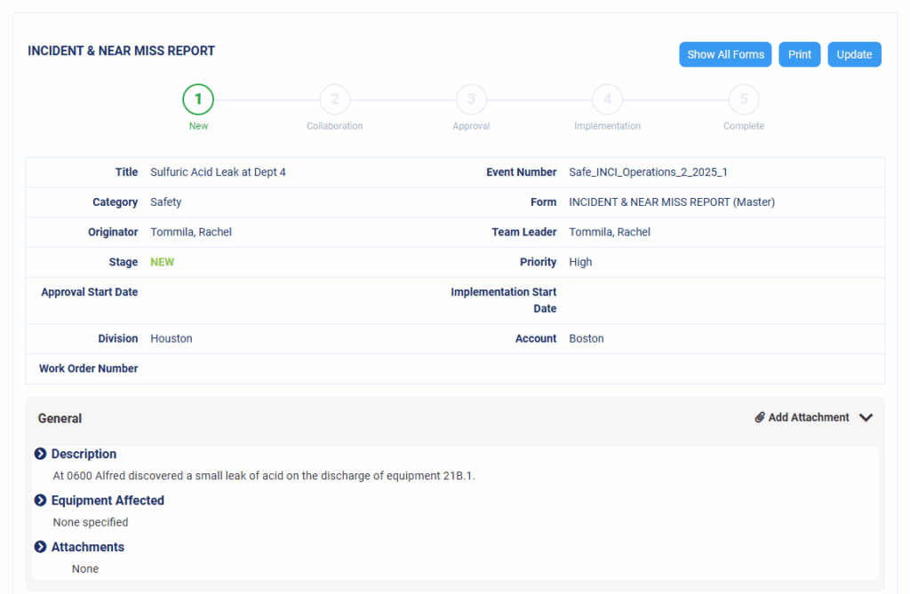 Screenshot of an "Incident & Near Miss Report" form from Frontline ACT, showing a high-priority sulfuric acid leak event at Dept 4. The interface includes workflow stages, form details, and a description of the incident—demonstrating the clean, user-friendly design of the best EHS software for managing safety events efficiently.