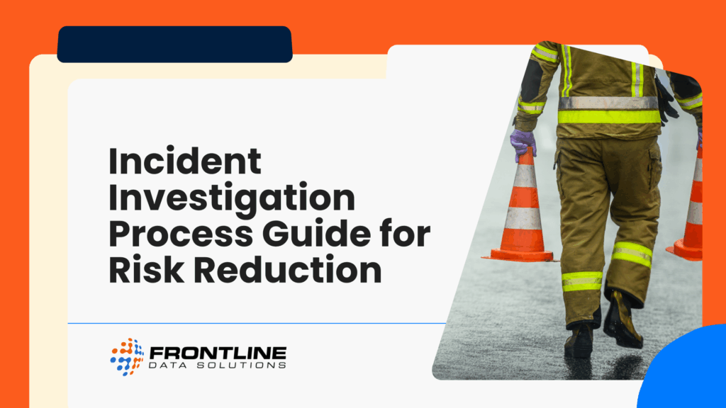 Cover image for an incident investigation process guide showing a worker in safety gear carrying traffic cones on a wet surface, representing workplace safety and risk reduction.
