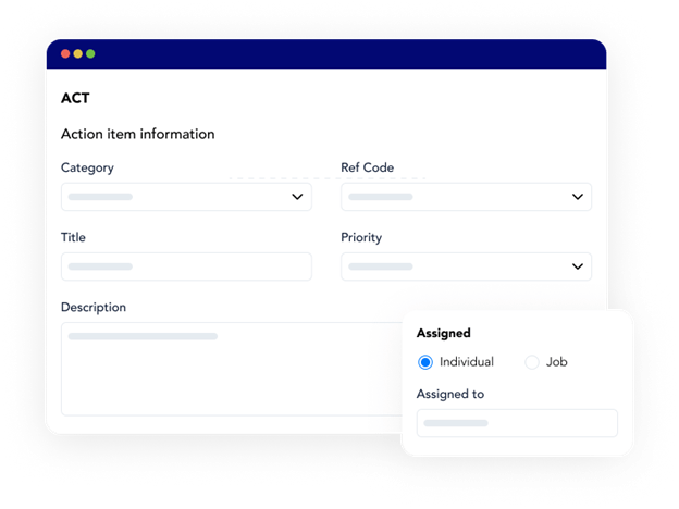 Action item details within Frontline ACT health and safety inspection software, showing the ability to assign tasks to individuals or certain roles within a company.
