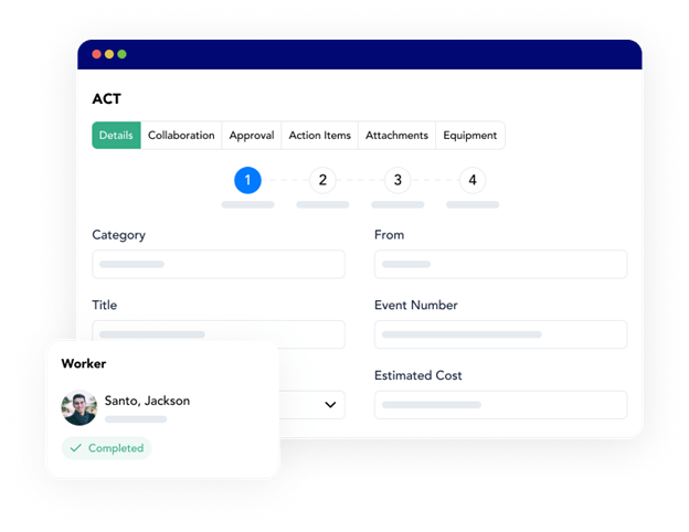 The event workflow within Frontline ACT health and safety inspection software, showing the capability to document inspections using a configurable workflow.