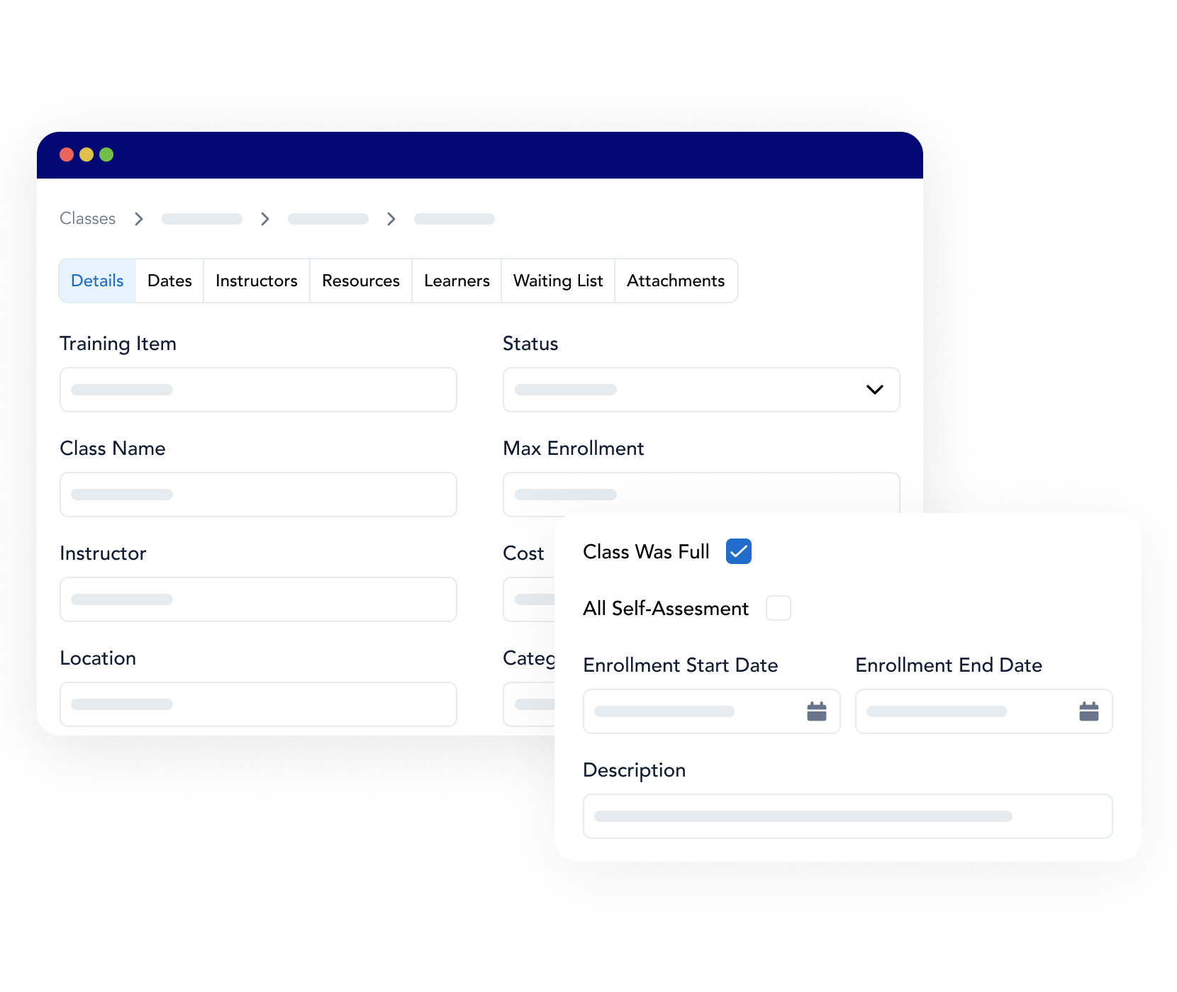 The training class information view in Frontline LMS, showing how safety management software helps you keep a digital trail of training for quick compliance reporting.