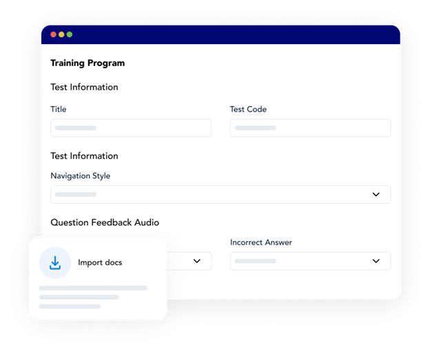 The training program builder within Frontline LMS food safety training software, showing the ability to create tests and import training materials.