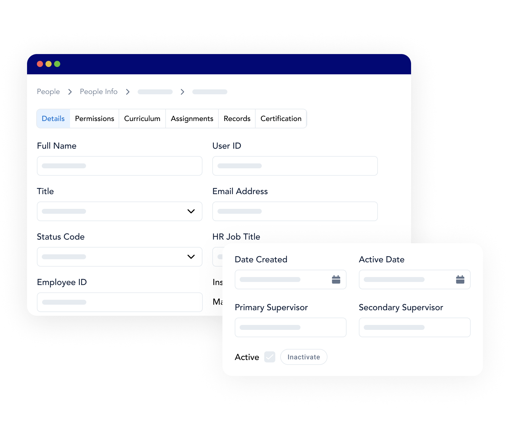The people information view within Frontline LMS compliance training management software, showing the ability to manage employee records digitally.