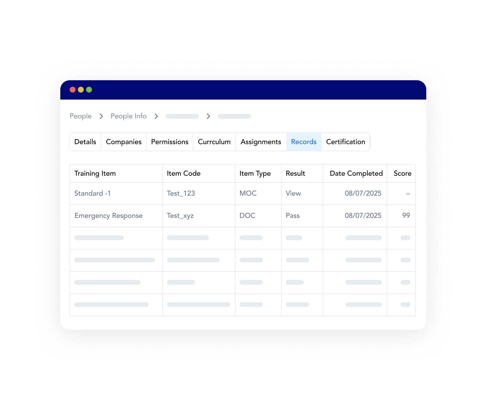 The employee training record view within Frontline LMS compliance training management software, showing the ability to review training compliance records for employees.