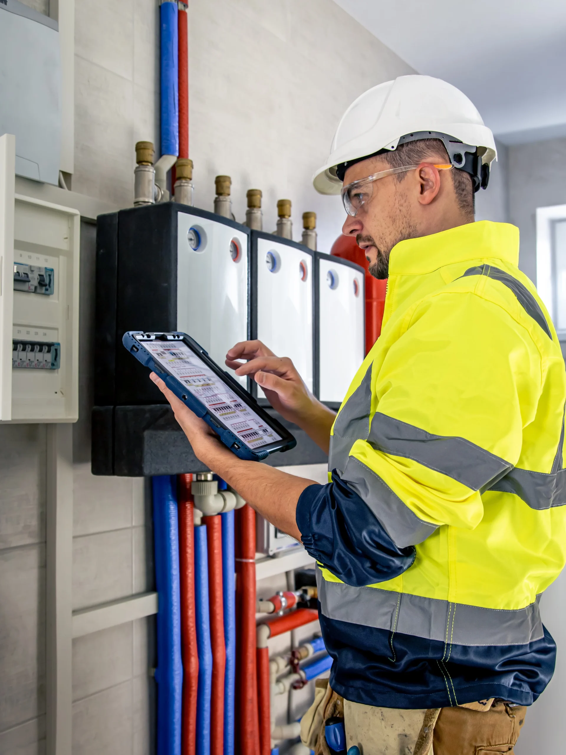 Electrical technician using safety software for utilities companies on a tablet.