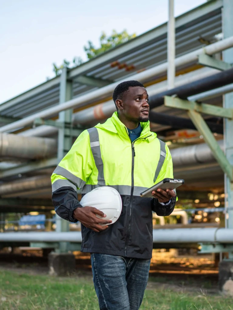 Male workers in a high visibility jacekt, holding a hard hat and a tablet, using EHS software to do a safety audit.