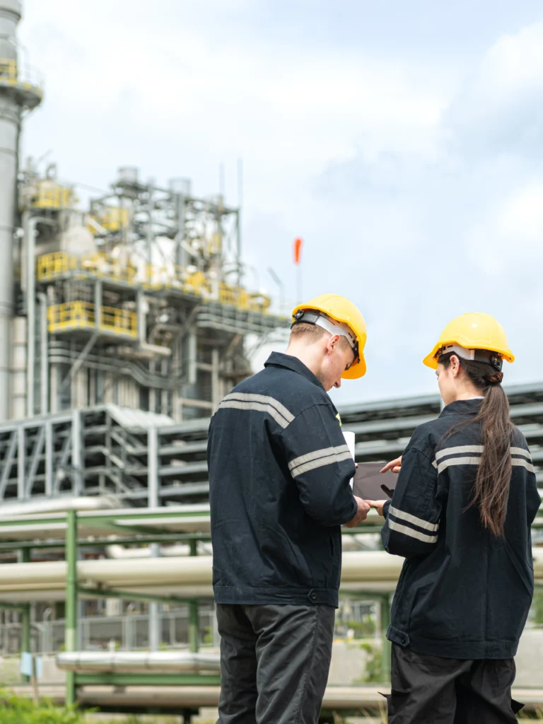 Two petroleum engineers review data in oil and gas EHS software with the refining facility in the background.