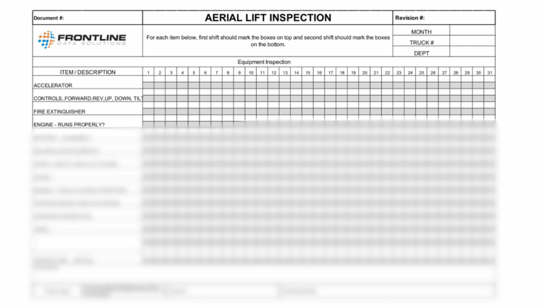 The aerial lift inspection form from Frontline Data Solutions with the bottom blurred out.