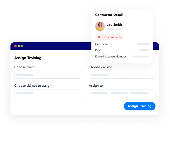 The training assignment tool in Frontline CSM contractor onboarding software, showing how you can view select specific clients, individuals, or skillsets to complete training.