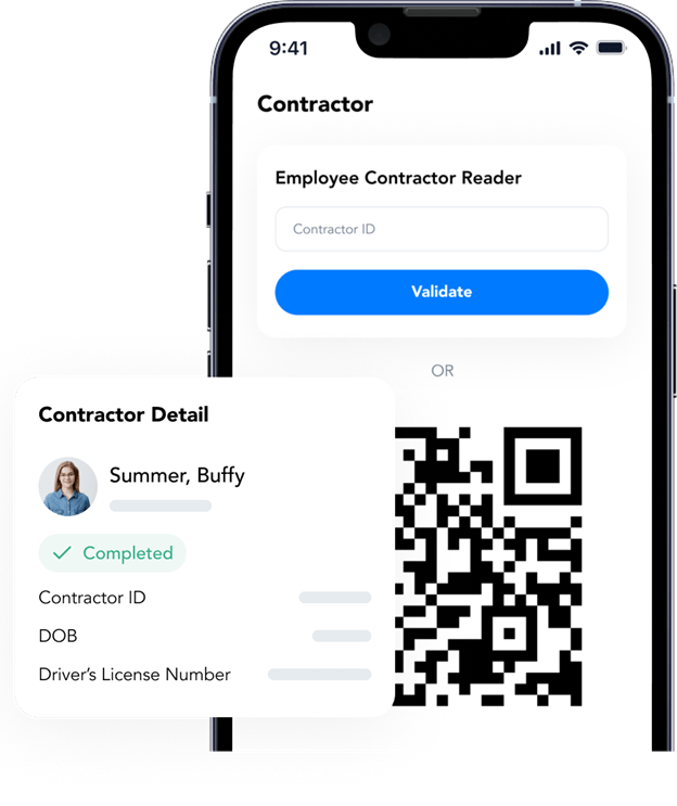The badge QR code scanning screen in Frontline CSM contractor onboarding software, showing how you can scan a worker's badge and see whether they've completed their compliance training requirements.