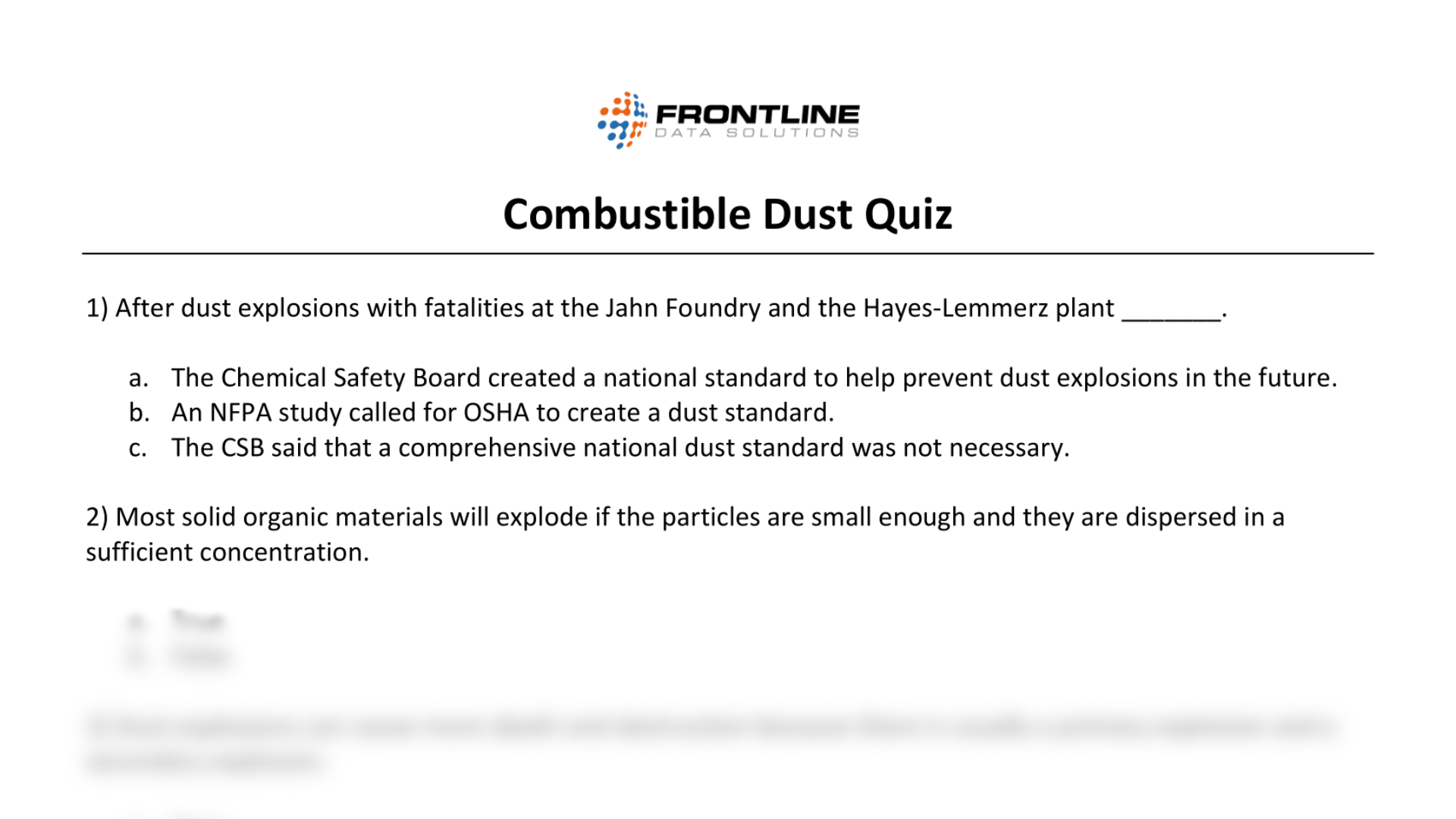 The combustible dust quiz template Word document from Frontline Data Solutions with the bottom blurred out.