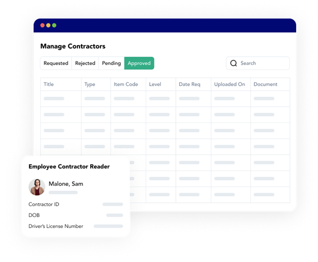 The contractor overview in Frontline CSM contractor onboarding software, showing how you can view requested, rejected, pending, and approved documentation for workers.