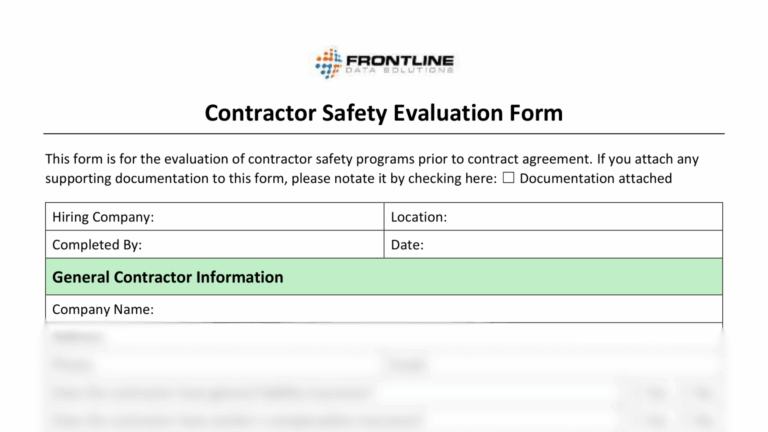 The contractor safety evaluation form from Frontline Data Solutions with the bottom of the page blurred out.