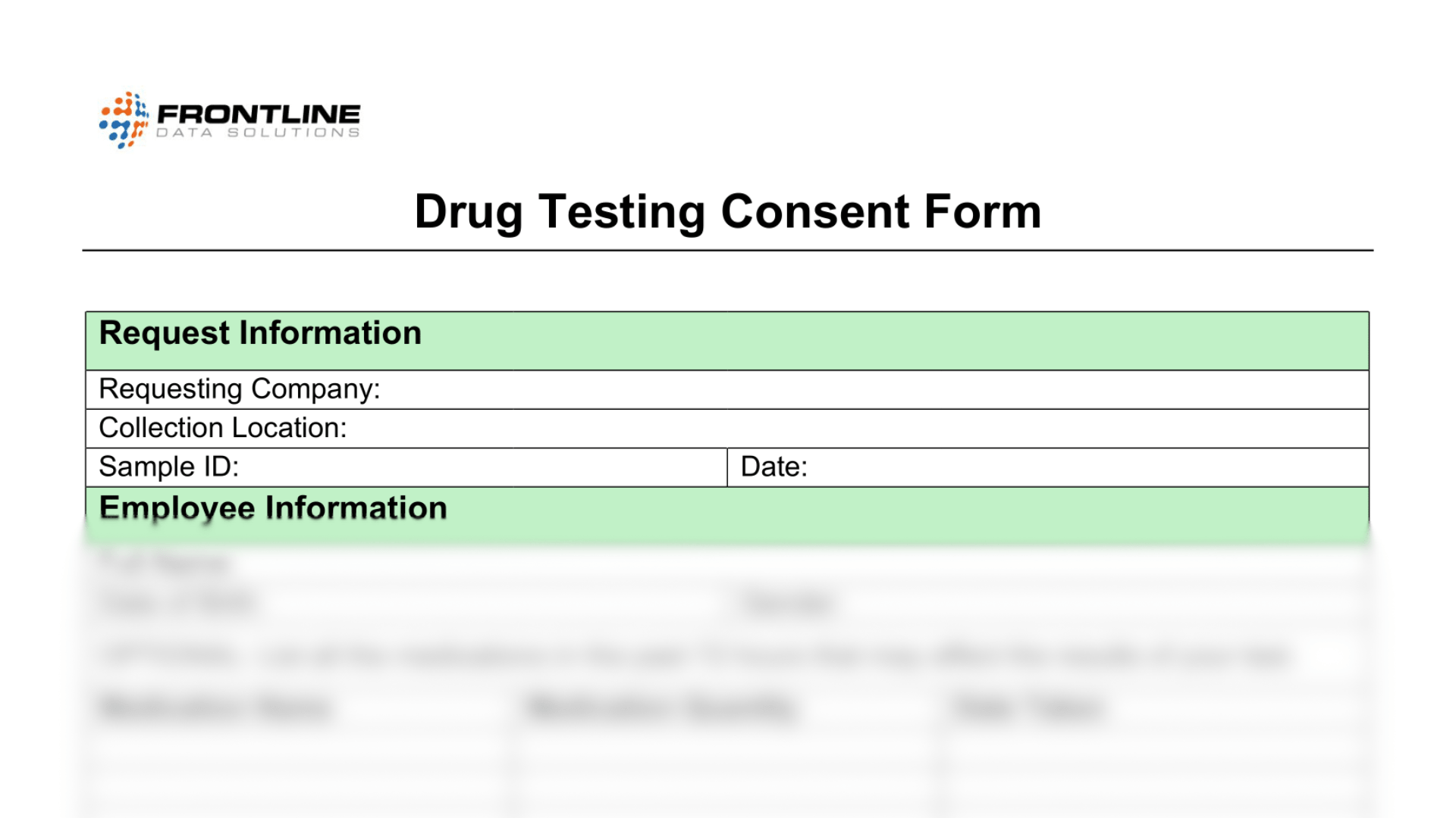 The drug testing consent form from Frontline Data Solutions with the bottom blurred out.