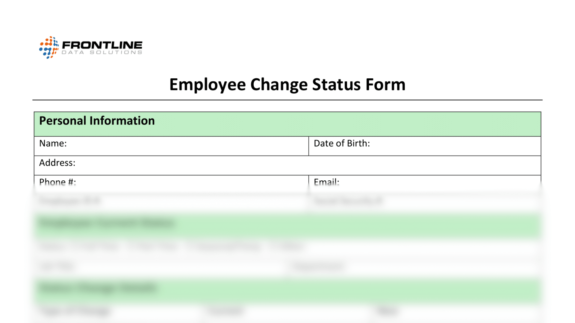 The employee change status form from Frontline Data Solutions with the bottom blurred out.
