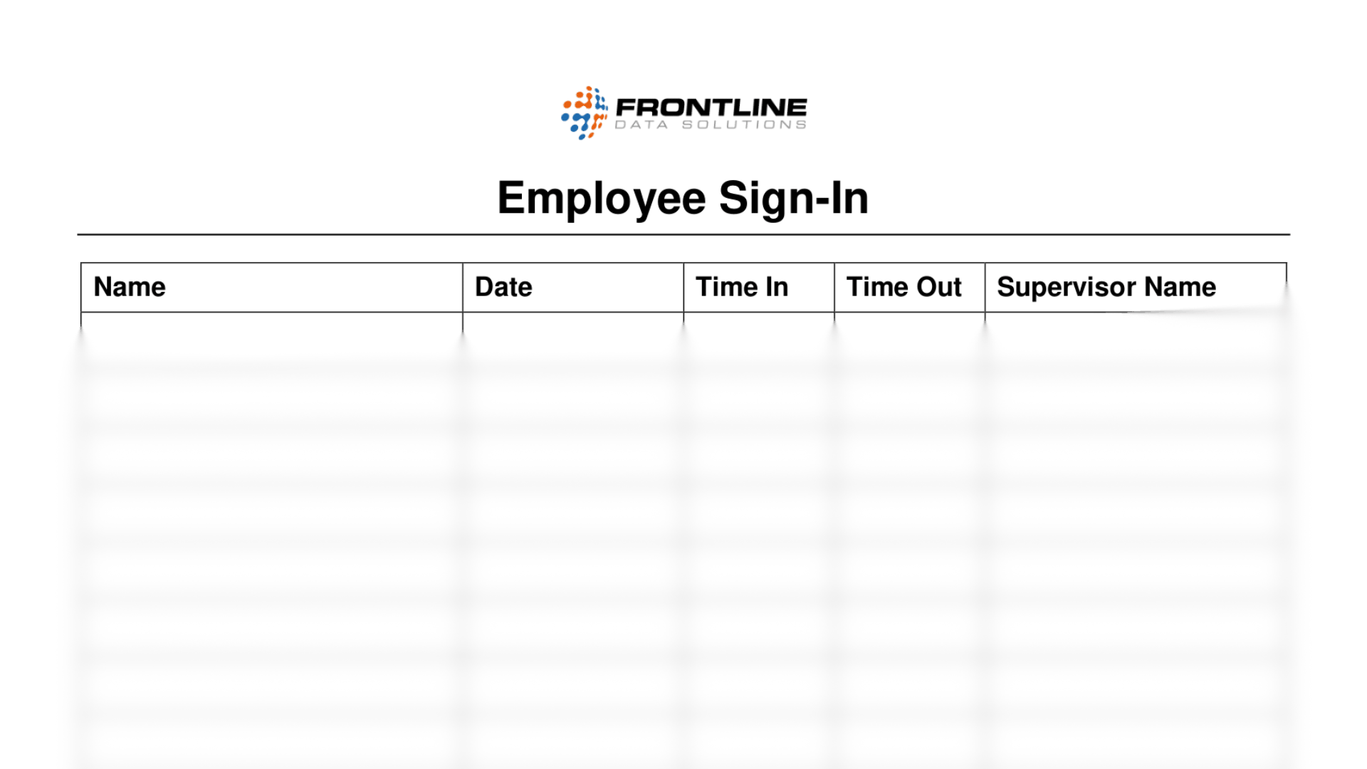 The employee sign in sheet template from Frontline Data Solutions with the bottom blurred out.