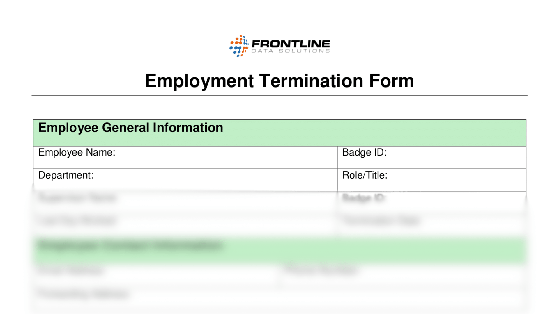 The employment termination form from Frontline Data Solutions with the bottom blurred out.
