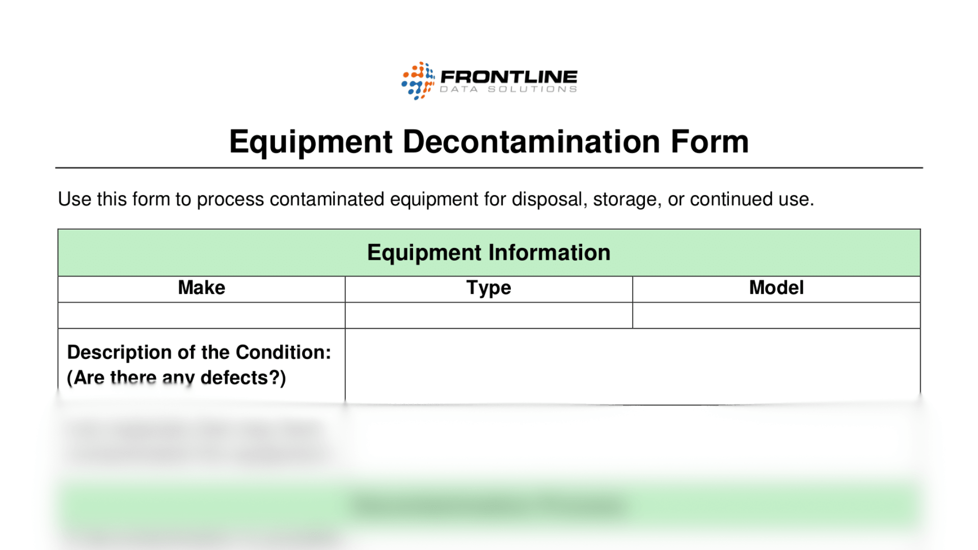 The equipment decontamination form from Frontline Data Solutions with the bottom blurred out.