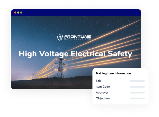High voltage electrical safety training course view within Frontline LMS employee orientation software, showing an example of one of the health and safety training courses available in the system.