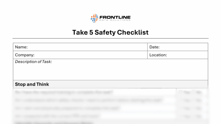 The take 5 safety checklist from Frontline Data Solutions with the bottom blurred out.