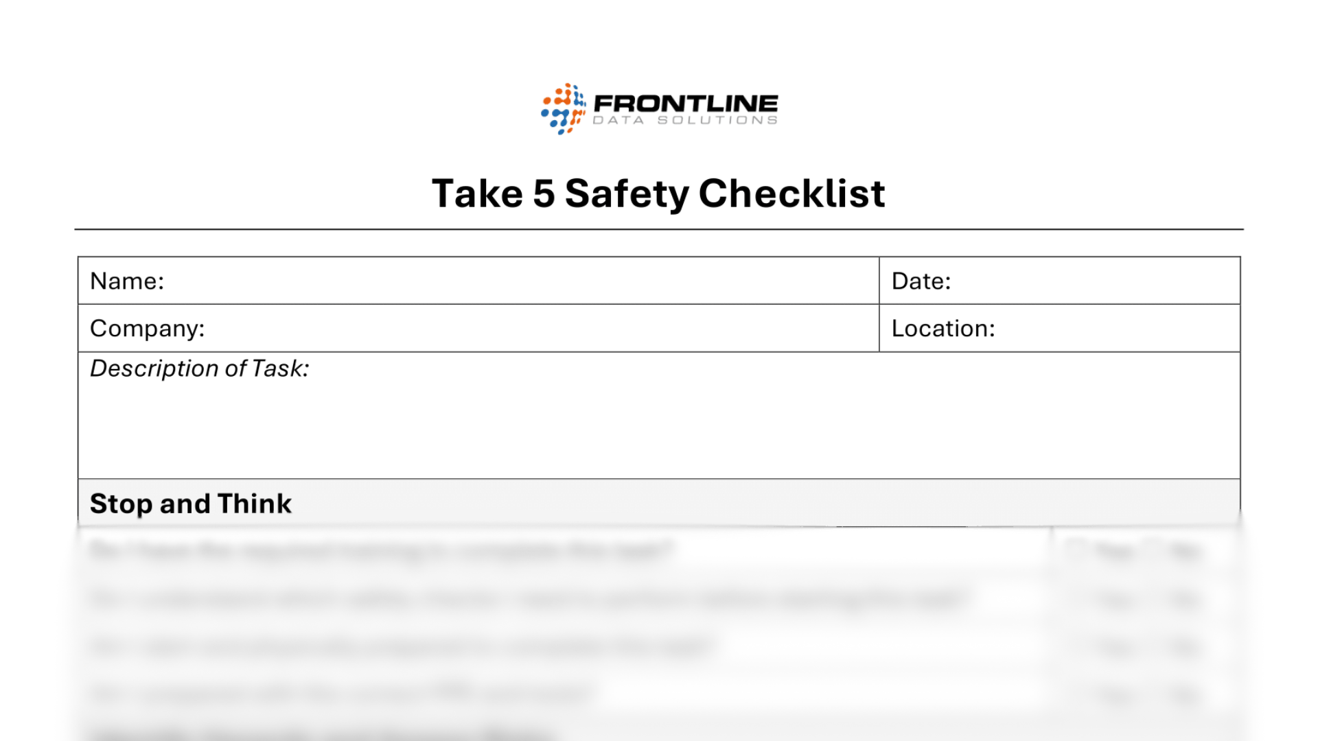 The take 5 safety checklist from Frontline Data Solutions with the bottom blurred out.