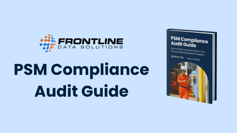 The PSM Compliance Audit Guide template from Frontline Data Solutions featuring a man in industrial clothing doing an audit.