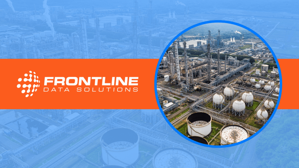 Frontline Data Solutions logo displayed over an aerial view of an industrial chemical processing facility, illustrating the importance of a management of change process in complex operations.