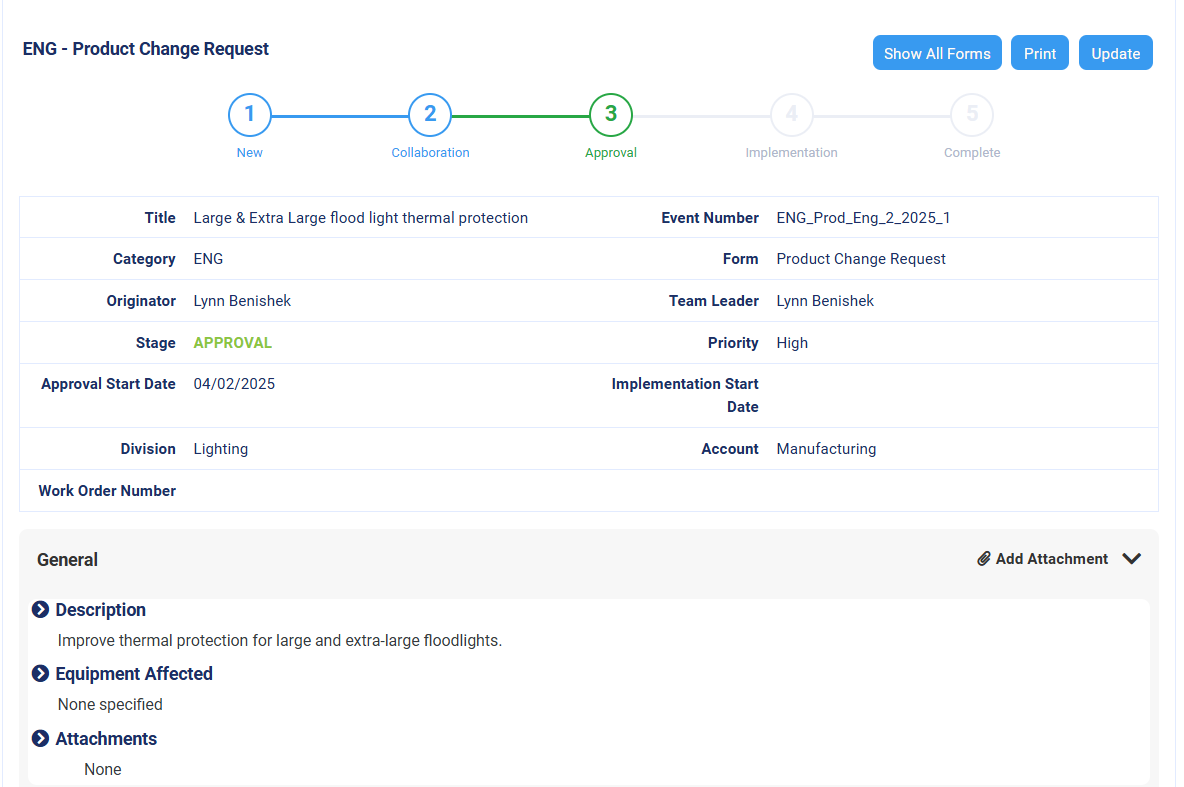 Example of how Optec LED Lighting uses Frontline ACT to manage product changes to provide quality lighting solutions to its customers.