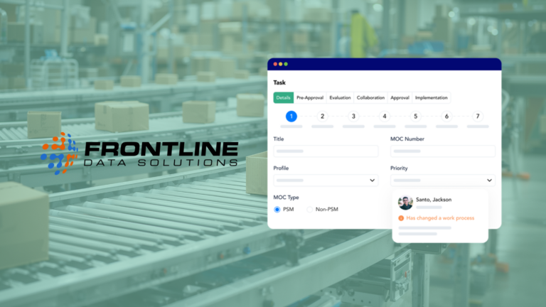 The Frontline Data Solutions logo next to a view of the Frontline MOC software workflow that helps companies reduce operational costs. Background is of packages on a conveyor belt at a facility.