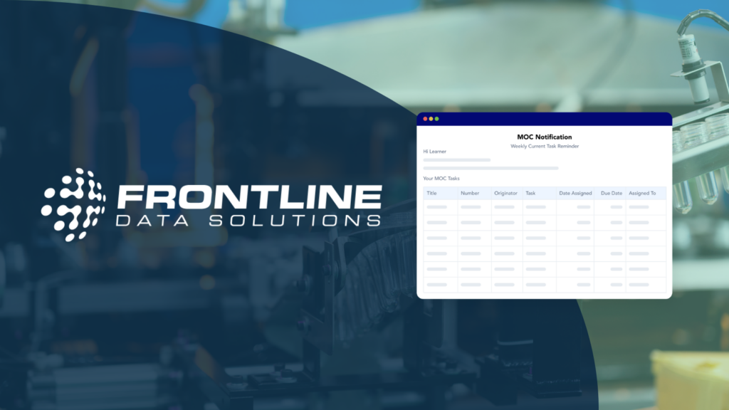 Frontline Data Solutions logo displayed over a blurred industrial laboratory setting, with a visual overlay of an MOC notification dashboard showing assigned tasks, due dates, and workflow tracking for change management.