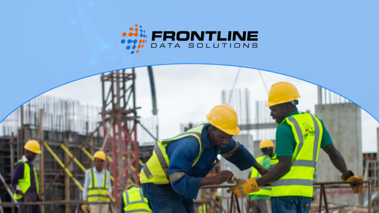 Construction workers in hard hats and high-visibility vests work on a job site beneath a Frontline Data Solutions logo, illustrating hidden safety risks in mobile and contractor operations.