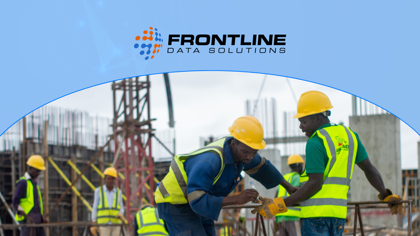 Construction workers in hard hats and high-visibility vests work on a job site beneath a Frontline Data Solutions logo, illustrating hidden safety risks in mobile and contractor operations.