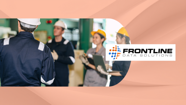 A branded Frontline Data Solutions graphic showing industrial workers in hard hats gathered in a facility, with the Frontline Data Solutions logo overlaid on a peach abstract background.
