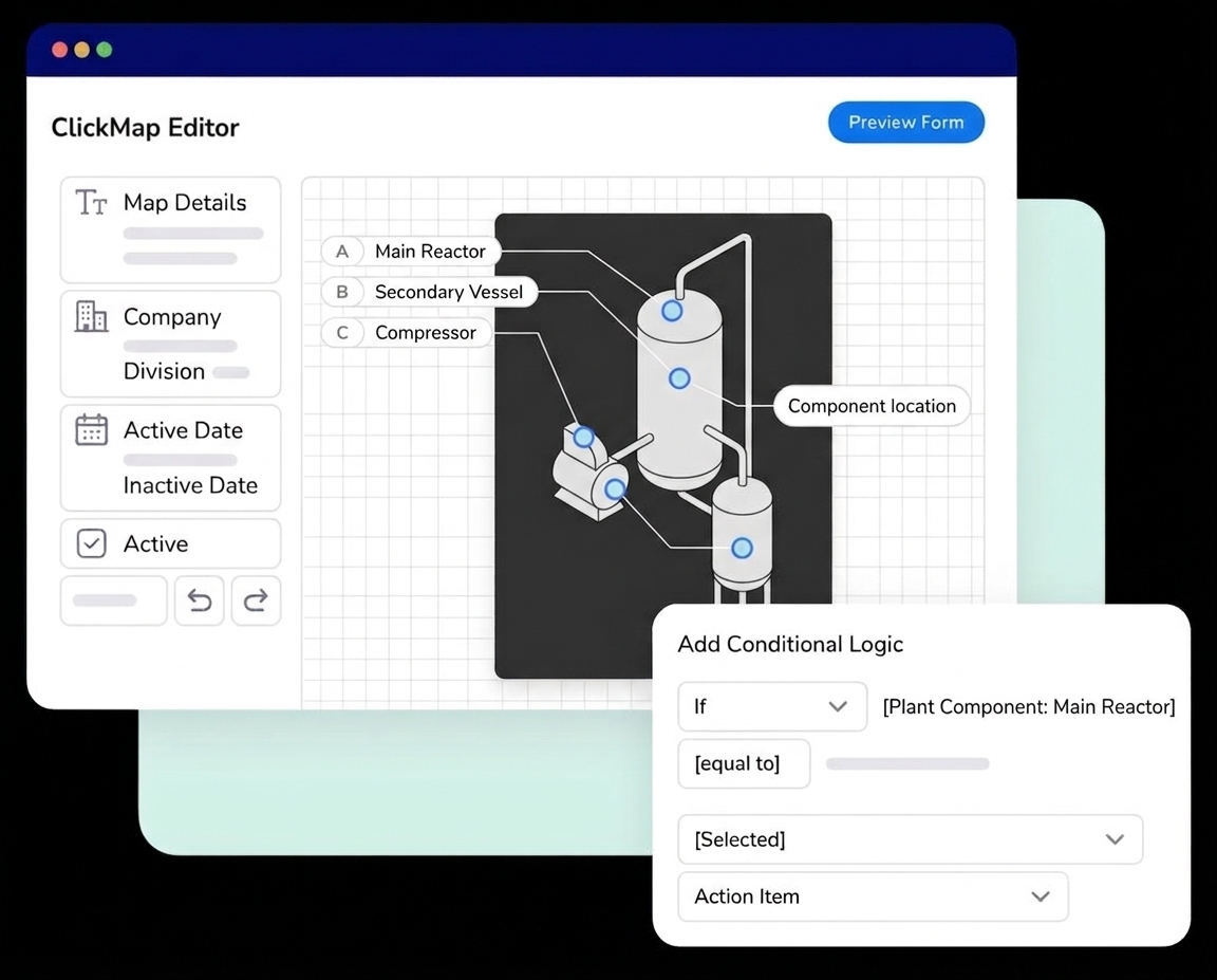 ClickMap Editor showing a plant diagram with labeled equipment locations and a conditional logic panel